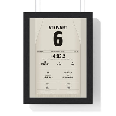 Jackie Stewart 1968 German Grand Prix Win Poster - 6 Race Suit Print framed in a black frame, ready to hang