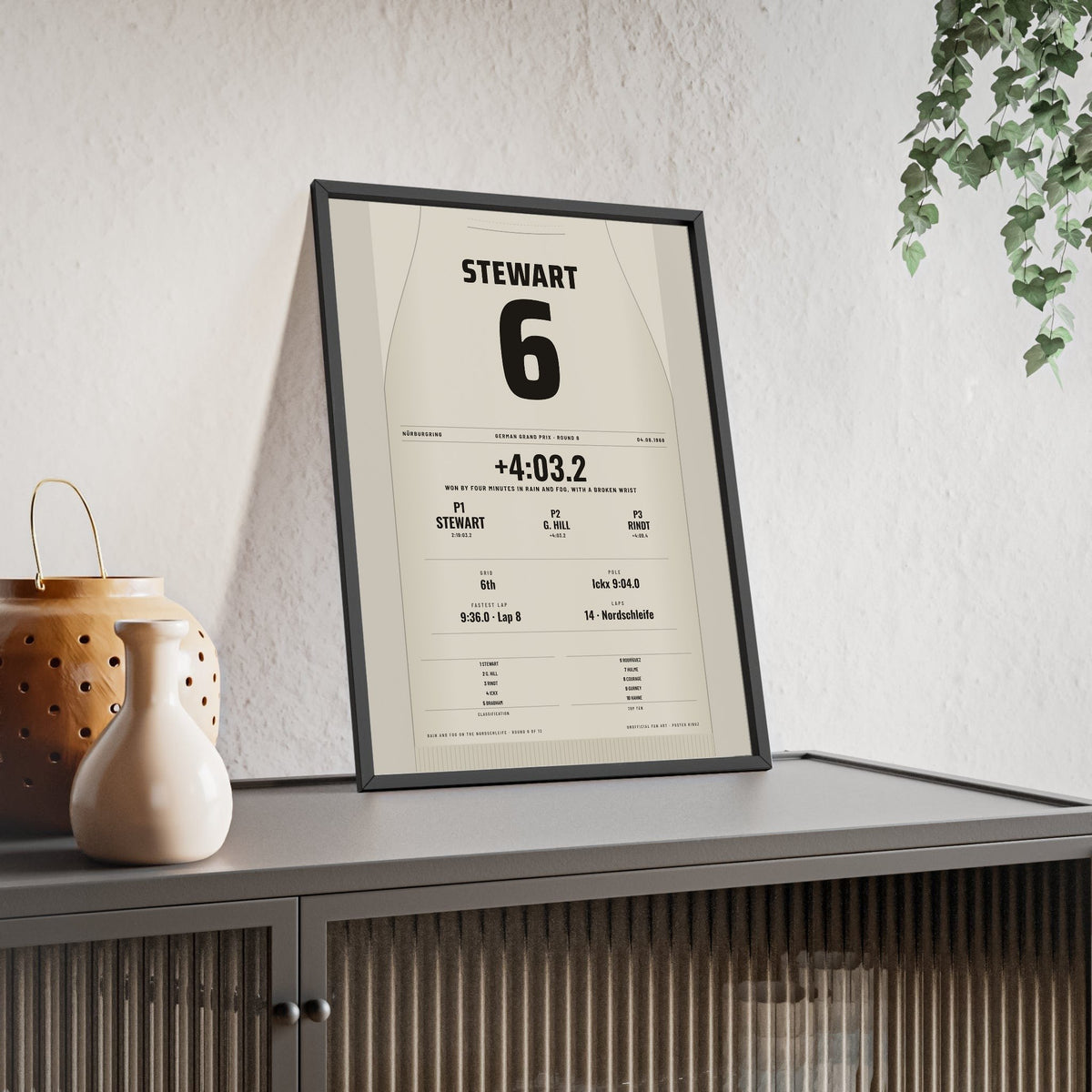 Jackie Stewart 1968 German Grand Prix Win Poster - 6 Race Suit Print framed and leaning on a sideboard