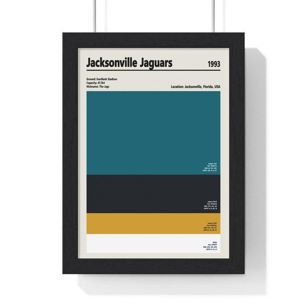 Framed Jacksonville Jaguars colour swatch print showing teal, black, gold and white team palette