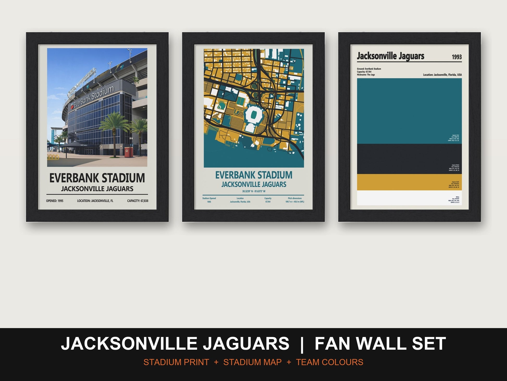 Jacksonville Jaguars Fan Wall Set | EverBank Stadium Print, Stadium Map & Team Colours