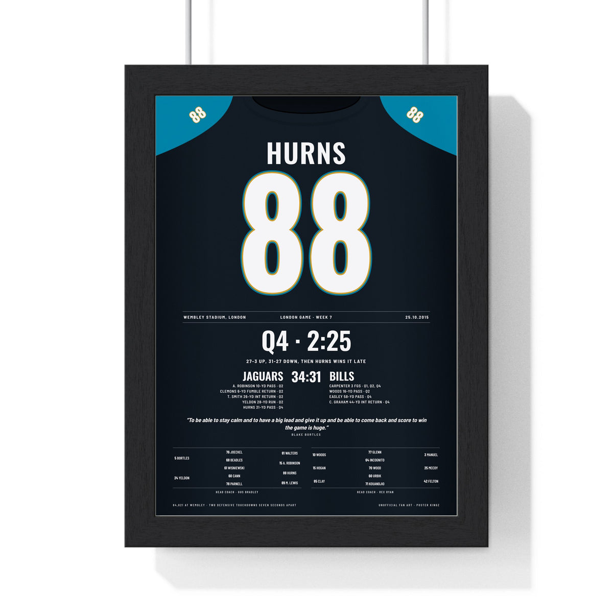 Jacksonville Jaguars London 2015 Poster - Allen Hurns 88 Wembley v Bills Jersey Print framed in a black frame, ready to hang