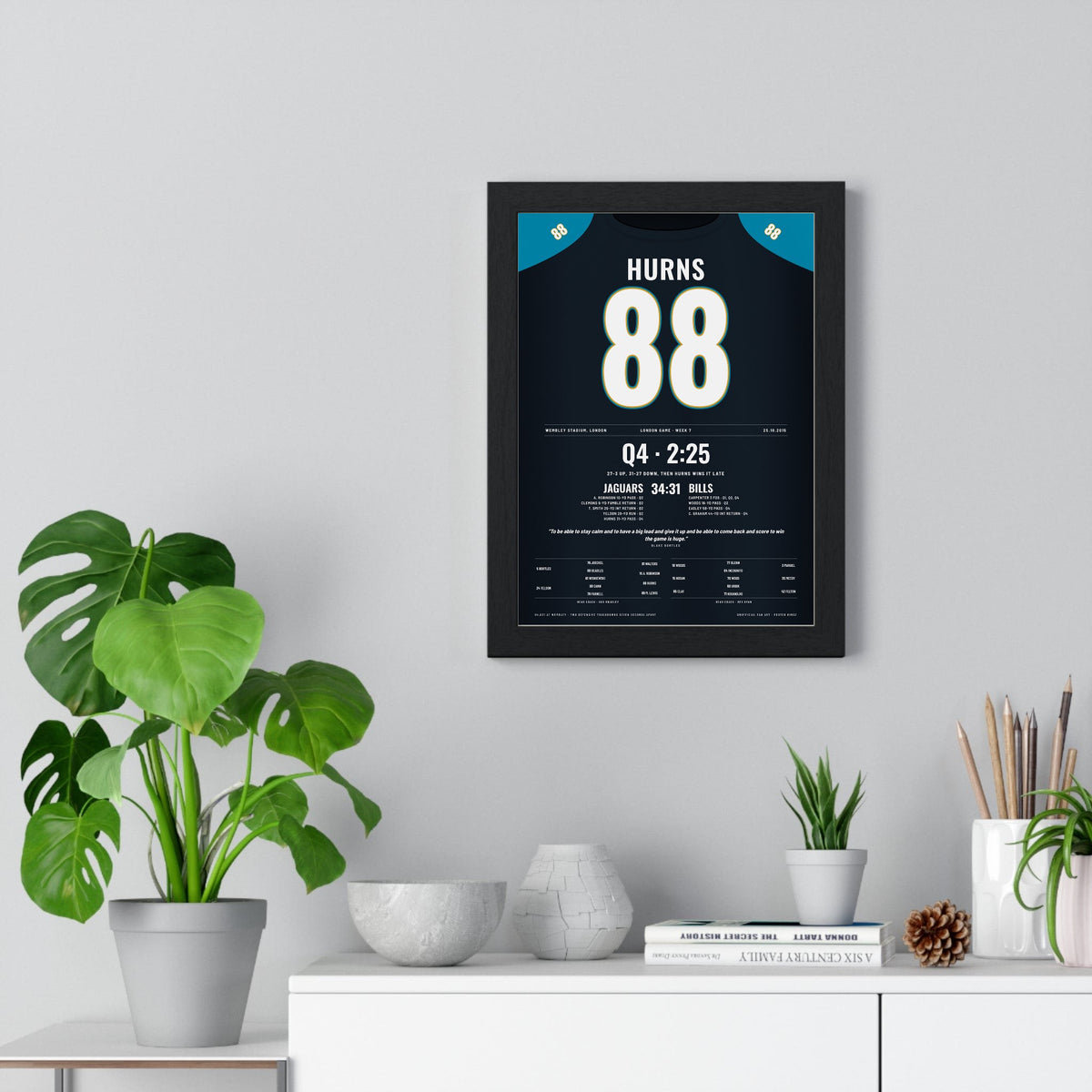 Jacksonville Jaguars London 2015 Poster - Allen Hurns 88 Wembley v Bills Jersey Print framed on a living room wall