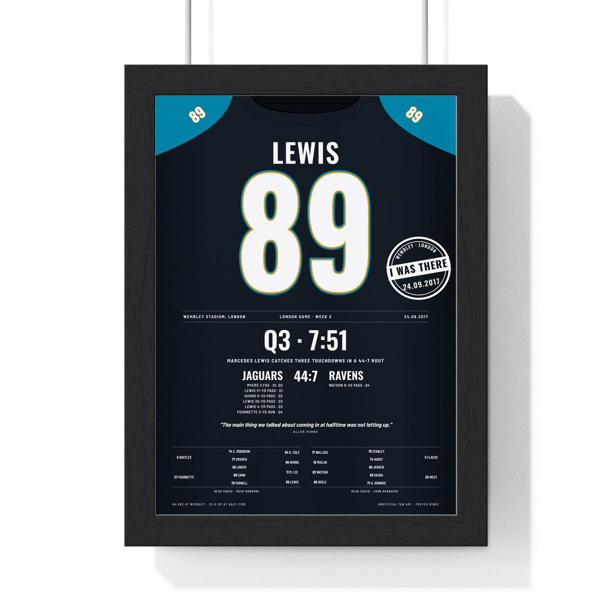 Jacksonville Jaguars London 2017 Poster - Marcedes Lewis 89 Wembley v Ravens Jersey Print with the I WAS THERE stamp