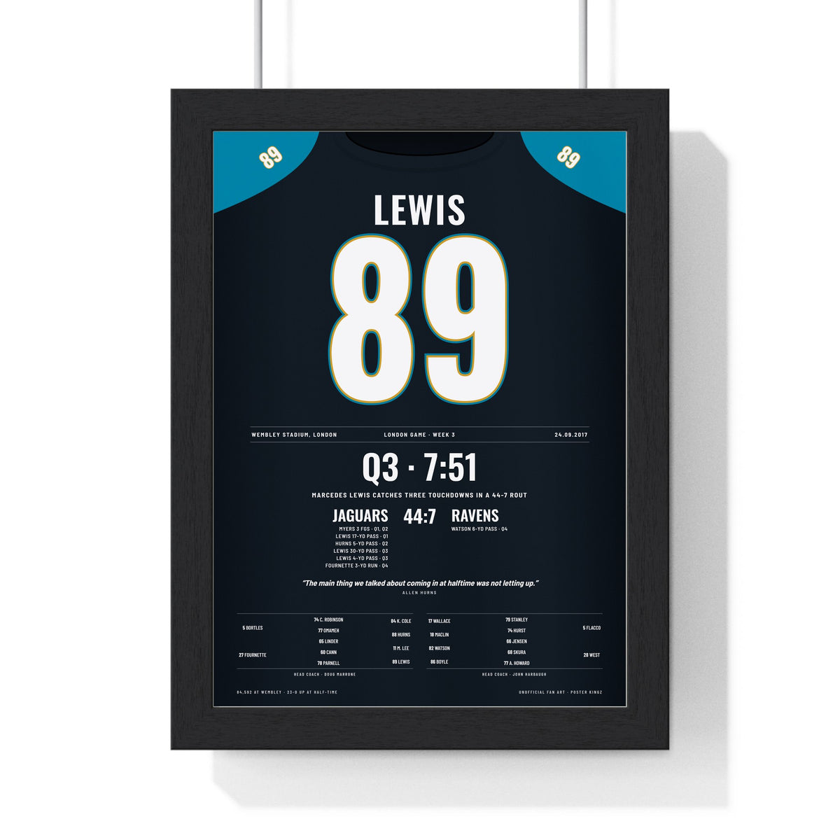 Jacksonville Jaguars London 2017 Poster - Marcedes Lewis 89 Wembley v Ravens Jersey Print framed in a black frame, ready to hang