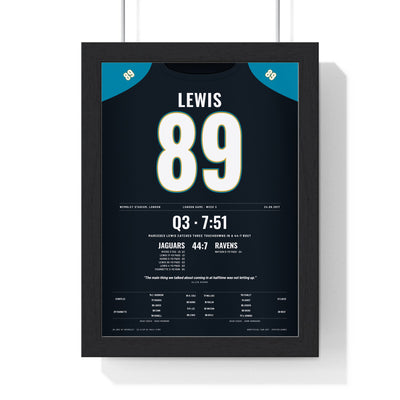 Jacksonville Jaguars London 2017 Poster - Marcedes Lewis 89 Wembley v Ravens Jersey Print framed in a black frame, ready to hang