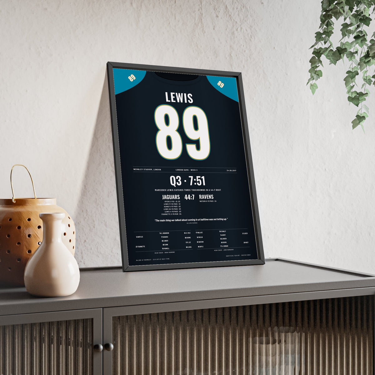 Jacksonville Jaguars London 2017 Poster - Marcedes Lewis 89 Wembley v Ravens Jersey Print framed and leaning on a sideboard