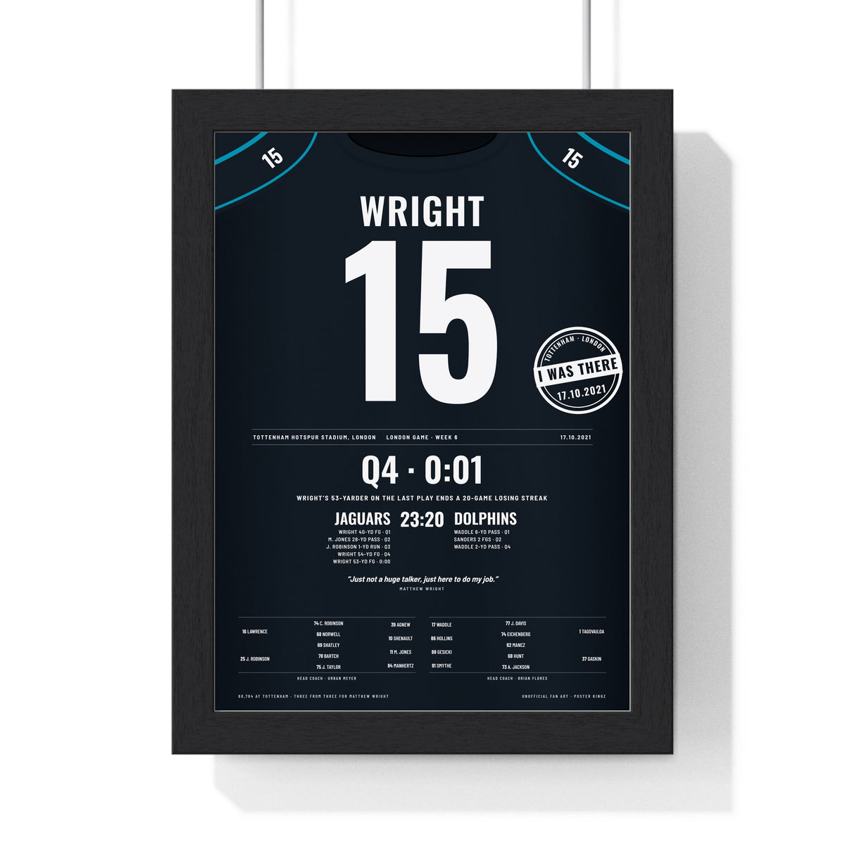 Jacksonville Jaguars London 2021 Poster - Matthew Wright 15 Tottenham Walk-Off Kick Jersey Print with the I WAS THERE stamp