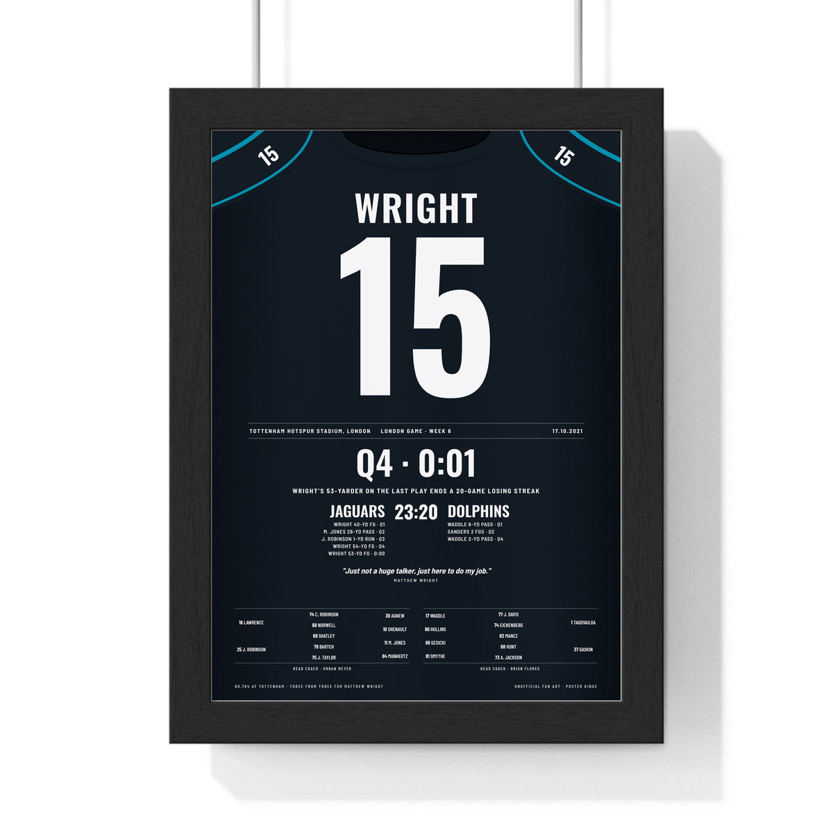 Jacksonville Jaguars London 2021 Poster - Matthew Wright 15 Tottenham Walk-Off Kick Jersey Print framed in a black frame, ready to hang