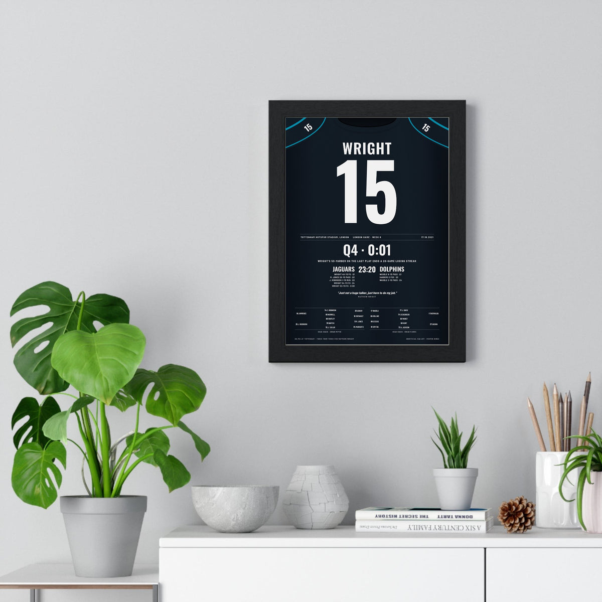 Jacksonville Jaguars London 2021 Poster - Matthew Wright 15 Tottenham Walk-Off Kick Jersey Print framed on a living room wall