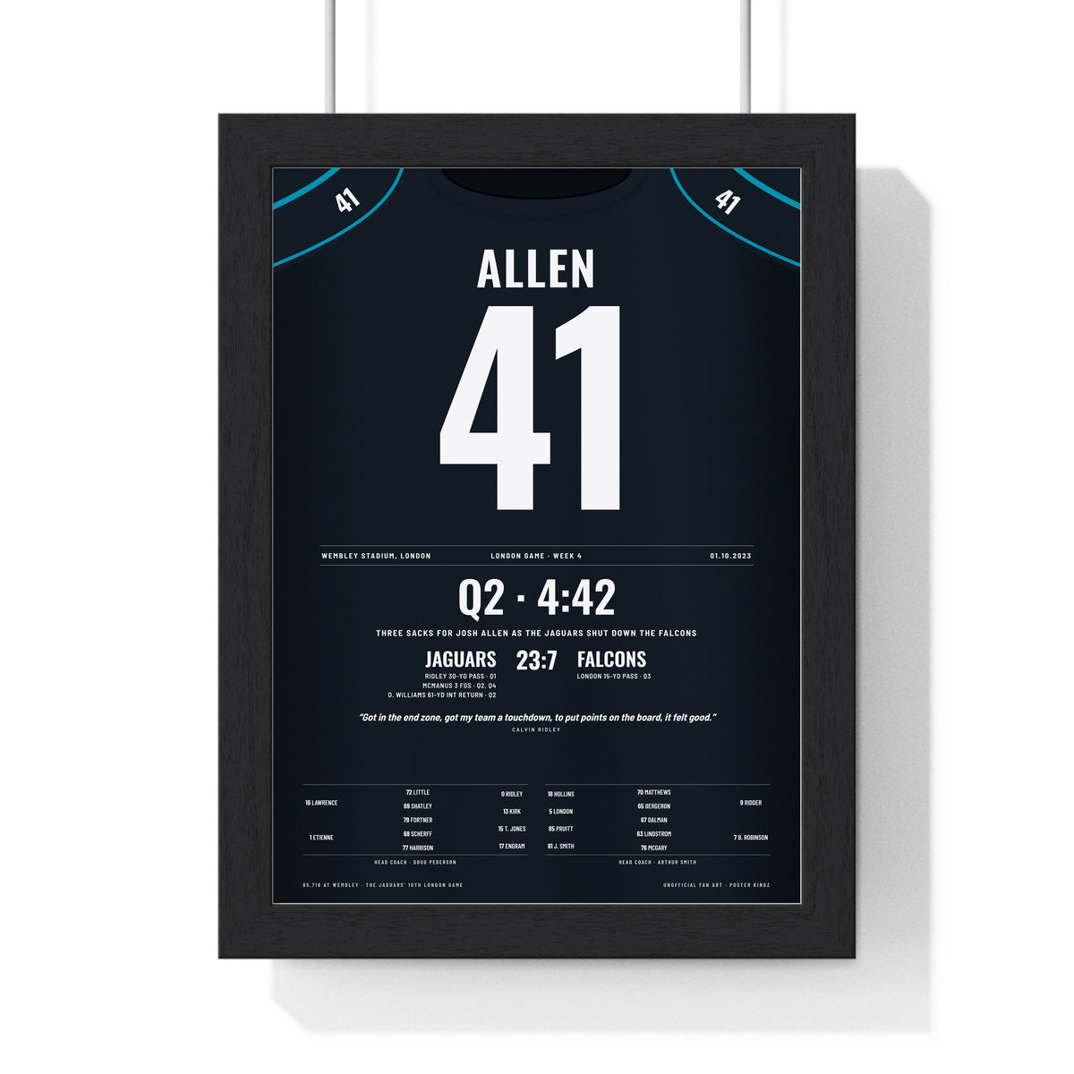 Jacksonville Jaguars London 2023 Poster - Josh Allen 41 Wembley v Falcons Jersey Print framed in a black frame, ready to hang