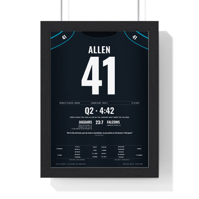 Jacksonville Jaguars London 2023 Poster - Josh Allen 41 Wembley v Falcons Jersey Print framed in a black frame, ready to hang