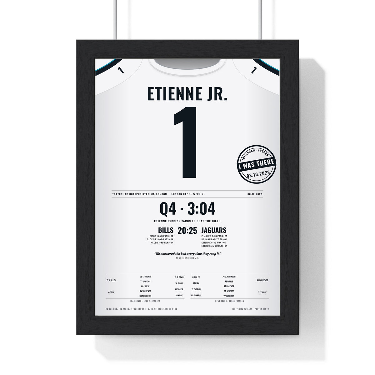 Jacksonville Jaguars London 2023 Poster - Travis Etienne Jr 1 Tottenham v Bills Jersey Print with the I WAS THERE stamp