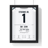Jacksonville Jaguars London 2023 Poster - Travis Etienne Jr 1 Tottenham v Bills Jersey Print framed in a black frame, ready to hang