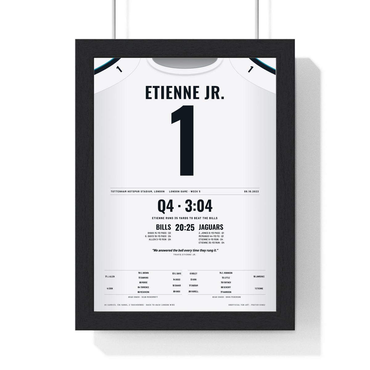 Jacksonville Jaguars London 2023 Poster - Travis Etienne Jr 1 Tottenham v Bills Jersey Print framed in a black frame, ready to hang