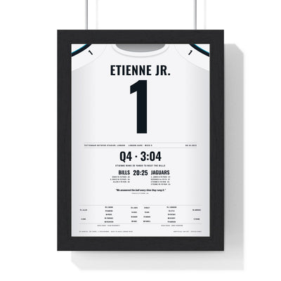 Jacksonville Jaguars London 2023 Poster - Travis Etienne Jr 1 Tottenham v Bills Jersey Print framed in a black frame, ready to hang