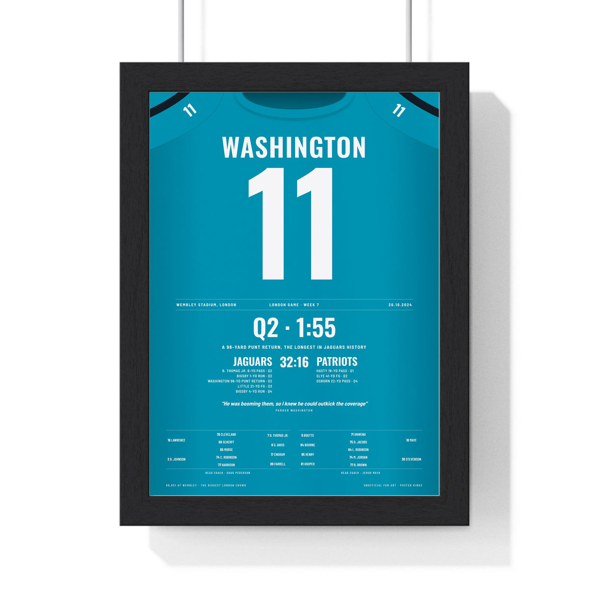 Jacksonville Jaguars London 2024 Poster - Parker Washington 11 Wembley Punt Return Jersey Print framed in a black frame, ready to hang