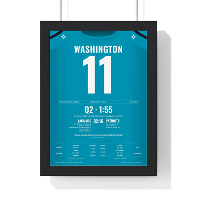 Jacksonville Jaguars London 2024 Poster - Parker Washington 11 Wembley Punt Return Jersey Print framed in a black frame, ready to hang