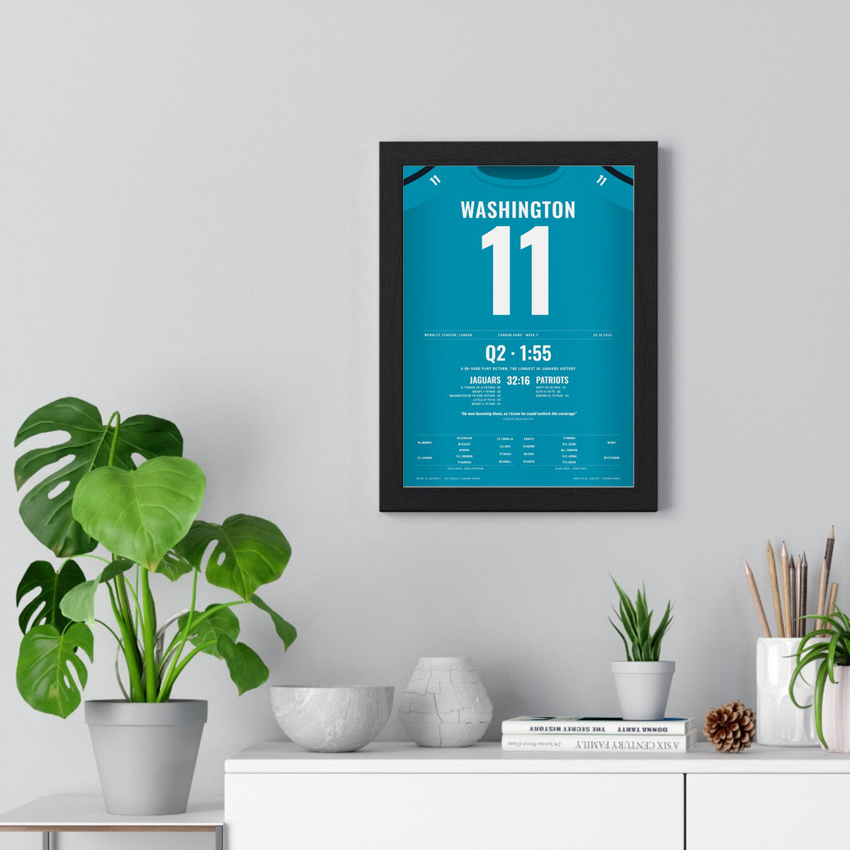 Jacksonville Jaguars London 2024 Poster - Parker Washington 11 Wembley Punt Return Jersey Print framed on a living room wall
