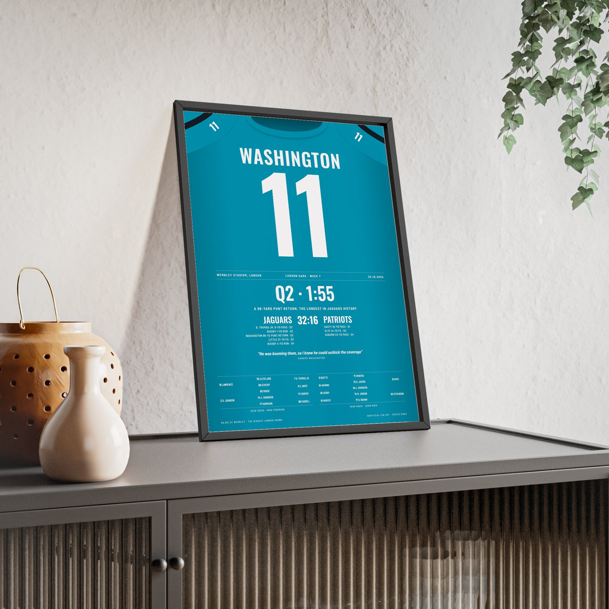 Jacksonville Jaguars London 2024 Poster - Parker Washington 11 Wembley Punt Return Jersey Print framed and leaning on a sideboard