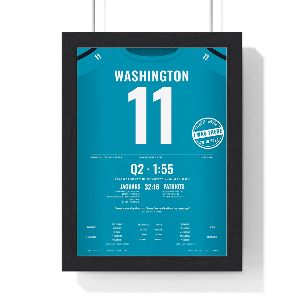 Jacksonville Jaguars London 2024 Poster - Parker Washington 11 Wembley Punt Return Jersey Print with the I WAS THERE stamp