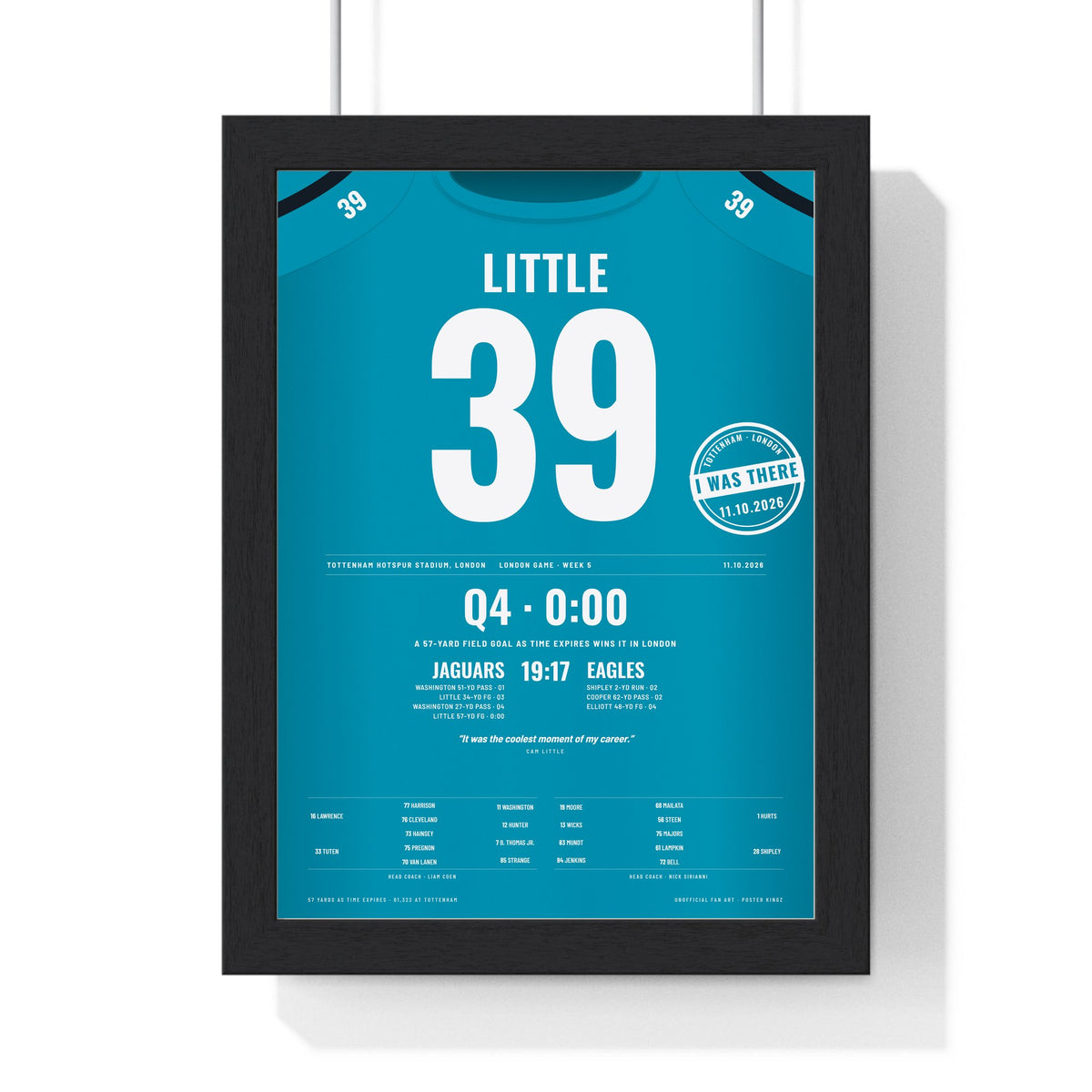 Jacksonville Jaguars London 2026 Poster - Cam Little 39 Tottenham v Eagles Winning Kick Jersey Print with the I WAS THERE stamp