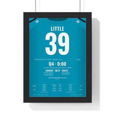 Jacksonville Jaguars London 2026 Poster - Cam Little 39 Tottenham v Eagles Winning Kick Jersey Print framed in a black frame, ready to hang