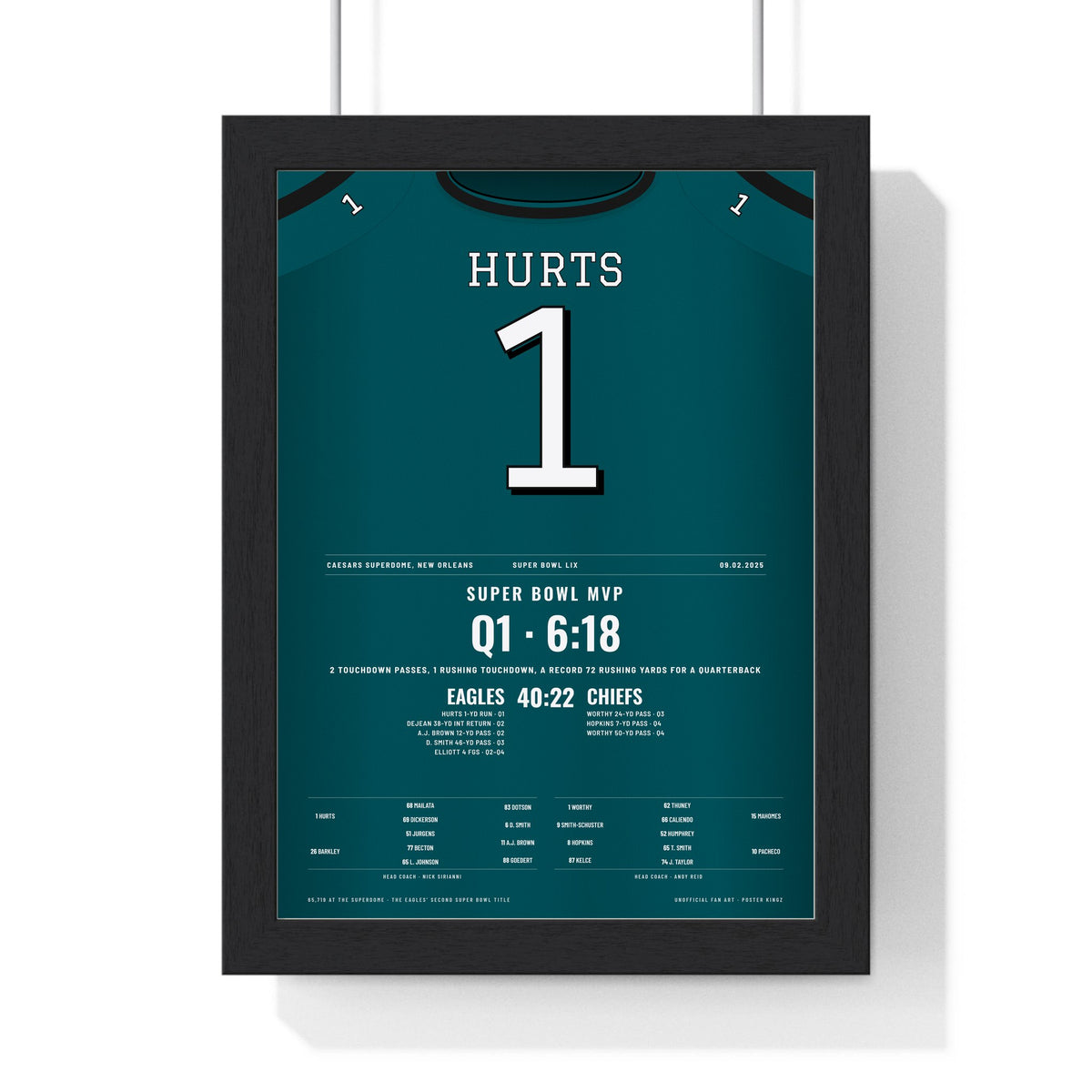 Philadelphia Eagles Super Bowl LIX Poster - Jalen Hurts 1 MVP Jersey Print framed in a black frame, ready to hang