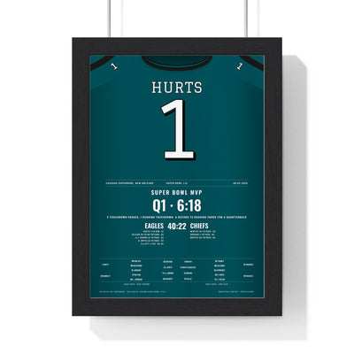 Philadelphia Eagles Super Bowl LIX Poster - Jalen Hurts 1 MVP Jersey Print framed in a black frame, ready to hang