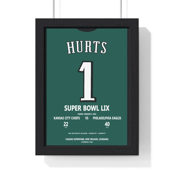 Jalen Hurts Super Bowl LIX Eagles print framed showing MVP performance against Kansas City Chiefs