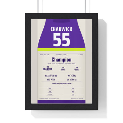 Jamie Chadwick Brands Hatch 2019 Motorsport Poster - Champion 55 Race Suit Print framed in a black frame, ready to hang