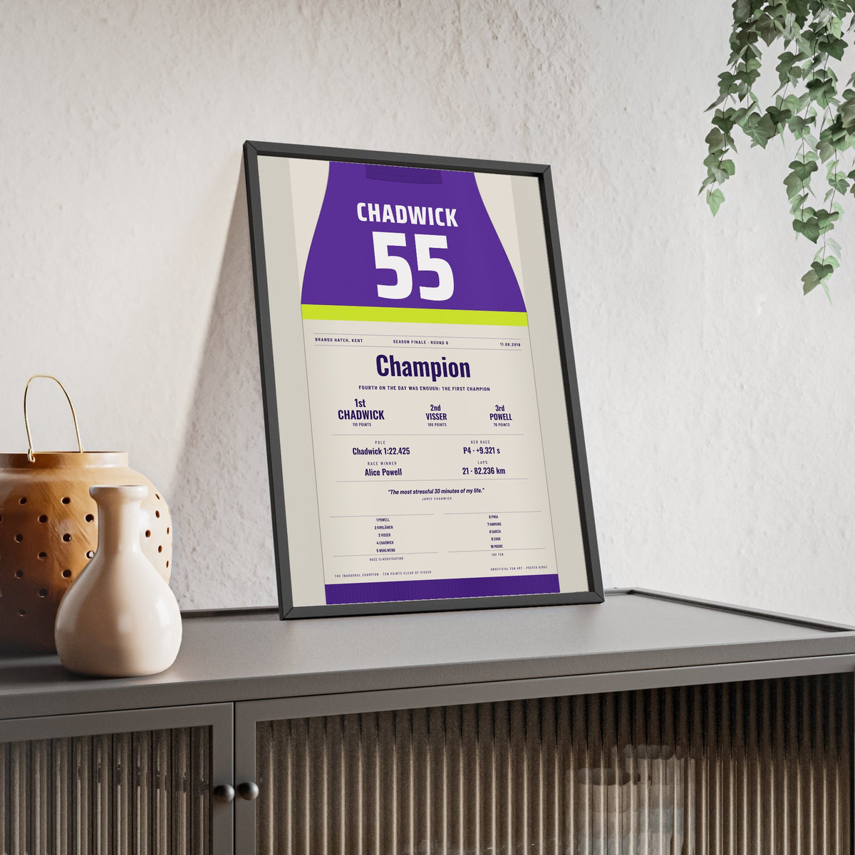 Jamie Chadwick Brands Hatch 2019 Motorsport Poster - Champion 55 Race Suit Print framed and leaning on a sideboard