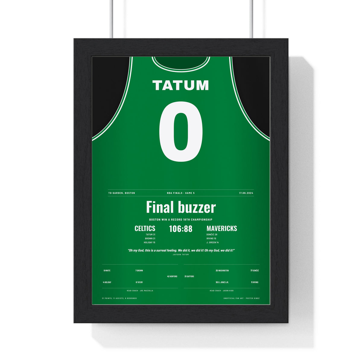 Jayson Tatum 2024 NBA Finals Poster - Boston Celtics 0 18th Championship Jersey Print framed in a black frame, ready to hang