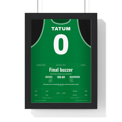 Jayson Tatum 2024 NBA Finals Poster - Boston Celtics 0 18th Championship Jersey Print framed in a black frame, ready to hang
