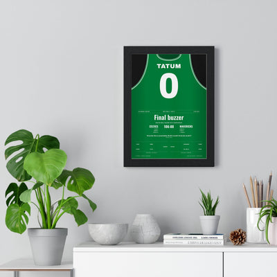 Jayson Tatum 2024 NBA Finals Poster - Boston Celtics 0 18th Championship Jersey Print framed on a living room wall