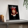 Jennie Ruby Maxi Poster framed and leaning on a sideboard
