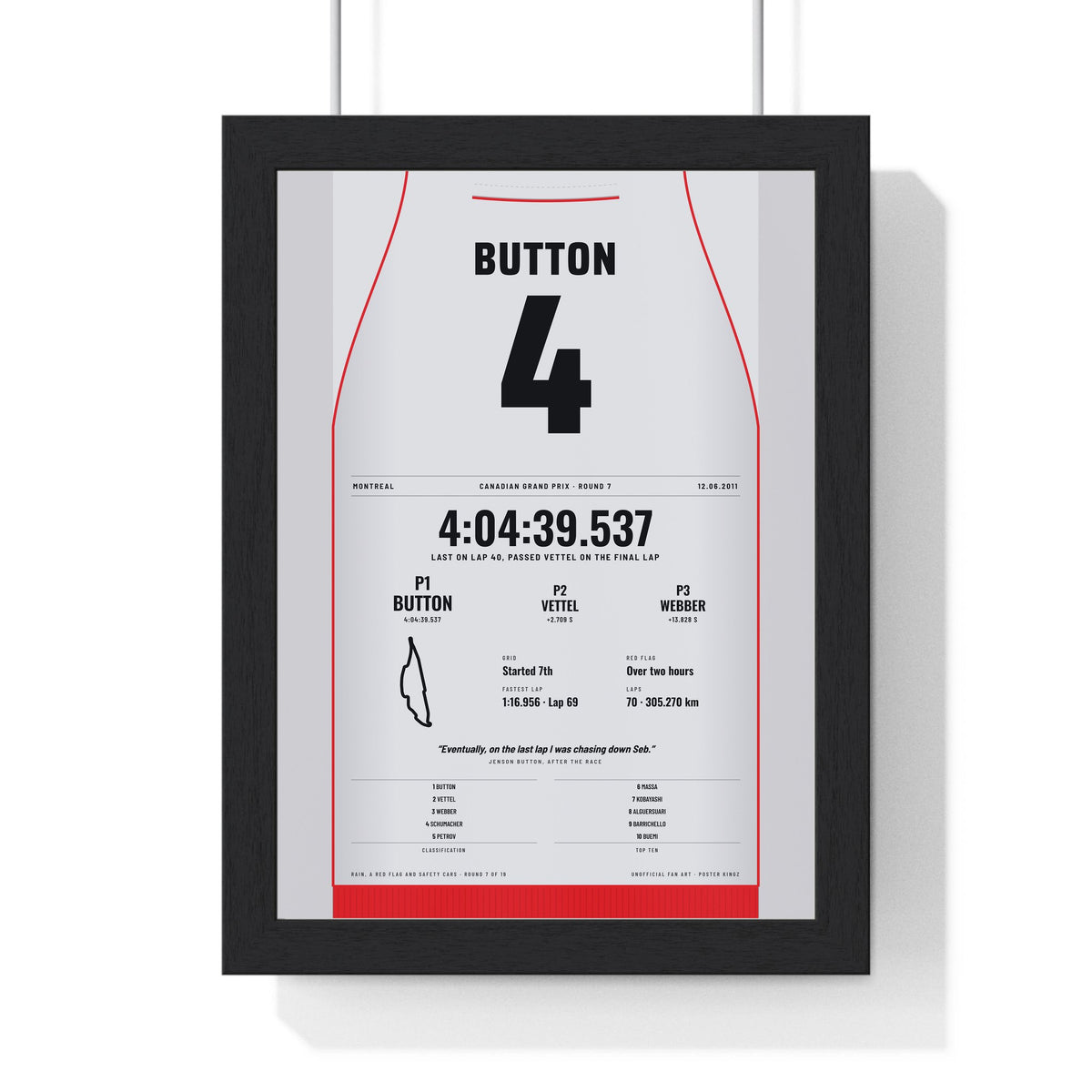 Jenson Button 2011 Canadian Grand Prix Win Poster - 4 Race Suit Print framed in a black frame, ready to hang