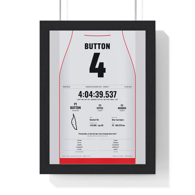 Jenson Button 2011 Canadian Grand Prix Win Poster - 4 Race Suit Print framed in a black frame, ready to hang