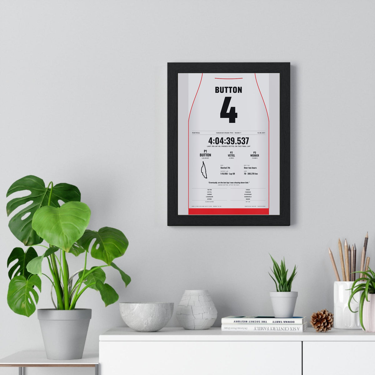 Jenson Button 2011 Canadian Grand Prix Win Poster - 4 Race Suit Print framed on a living room wall