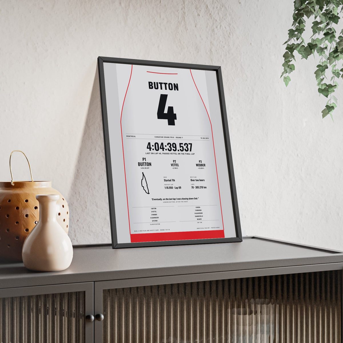 Jenson Button 2011 Canadian Grand Prix Win Poster - 4 Race Suit Print framed and leaning on a sideboard