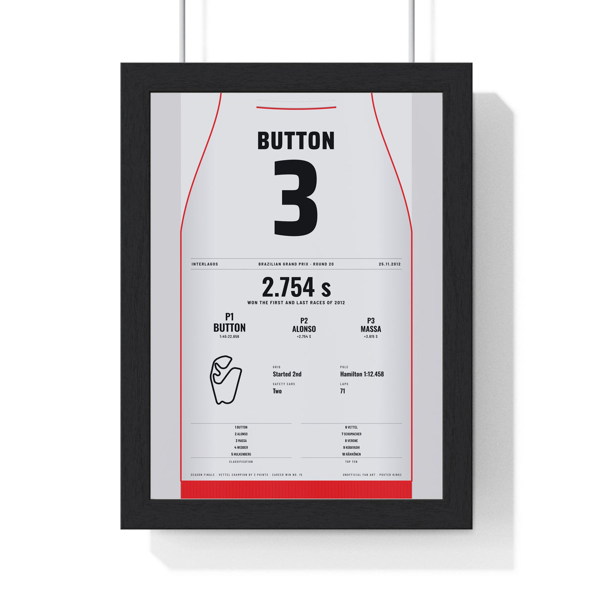 Jenson Button 2012 Brazilian Grand Prix Win Poster - 3 Race Suit Print framed in a black frame, ready to hang