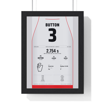 Jenson Button 2012 Brazilian Grand Prix Win Poster - 3 Race Suit Print framed in a black frame, ready to hang