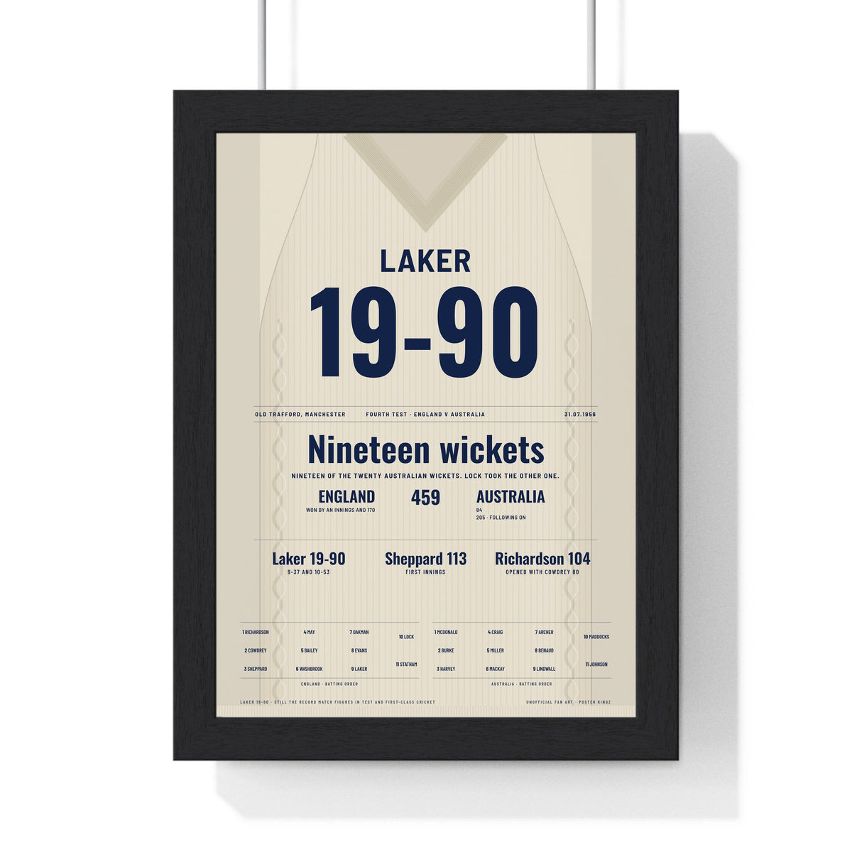 Jim Laker Old Trafford 1956 Cricket Poster - 19-90 Jumper Print framed in a black frame, ready to hang