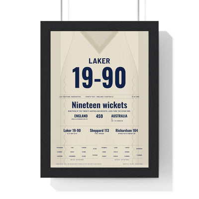 Jim Laker Old Trafford 1956 Cricket Poster - 19-90 Jumper Print framed in a black frame, ready to hang
