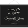 Custom location latitude longitude poster with names and date