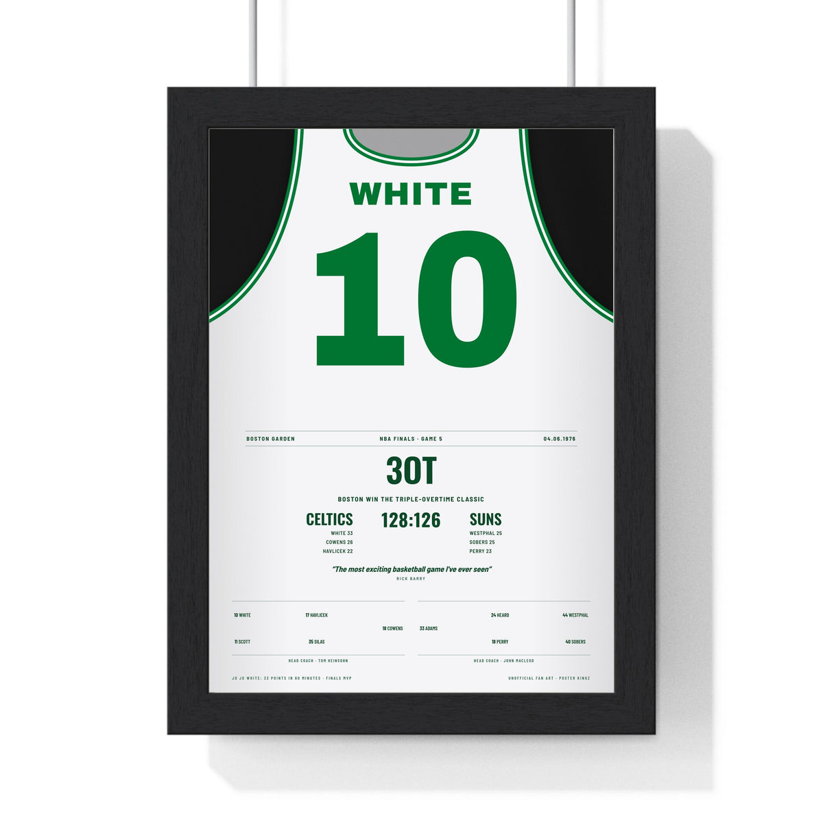 Jo Jo White 1976 NBA Finals Triple Overtime Poster - Boston Celtics 10 Jersey Print framed in a black frame, ready to hang