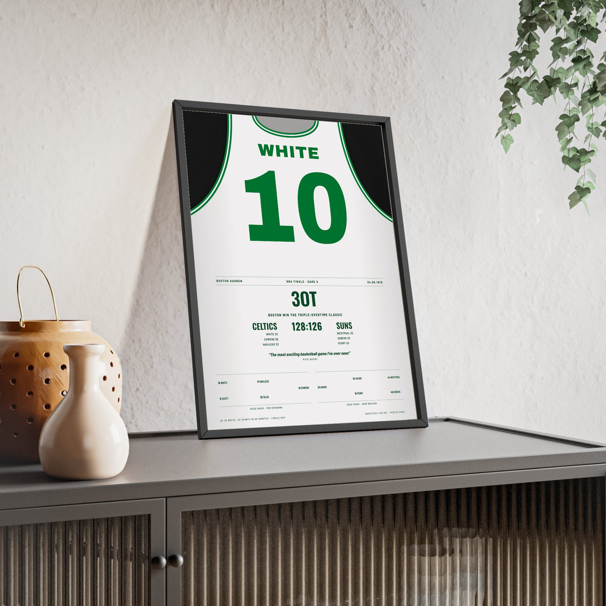 Jo Jo White 1976 NBA Finals Triple Overtime Poster - Boston Celtics 10 Jersey Print framed and leaning on a sideboard