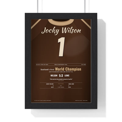 Jocky Wilson World Darts Final 1982 Darts Poster - 5-3 v John Lowe Shirt Print framed in a black frame, ready to hang