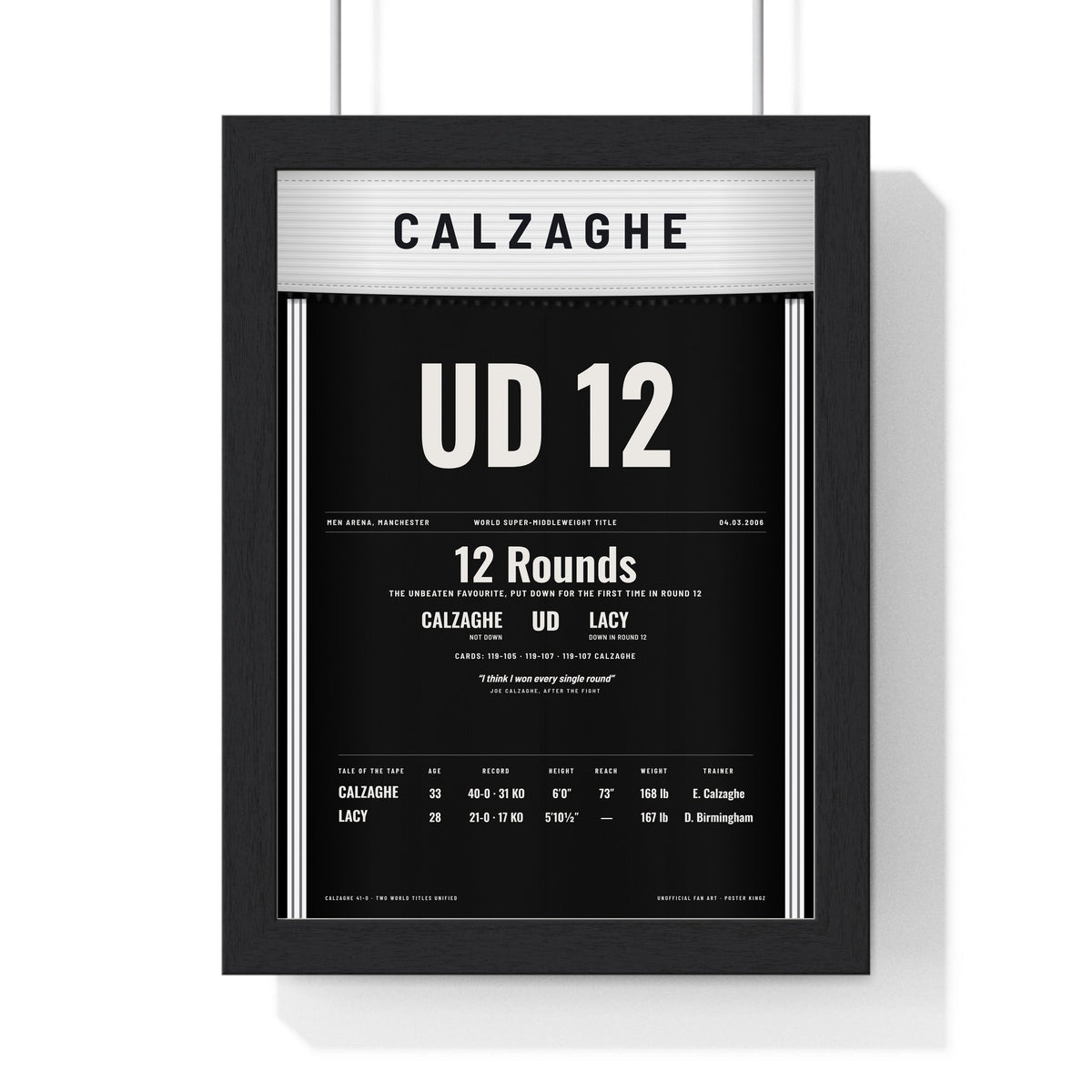 Calzaghe v Lacy 2006 Boxing Poster framed in a black frame, ready to hang