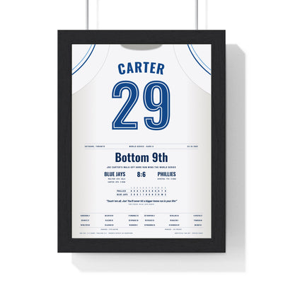 Joe Carter 1993 World Series Walk-Off Home Run Poster - Toronto Blue Jays 29 Jersey Print framed in a black frame, ready to hang