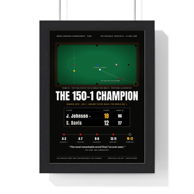 The 150-1 Champion 1986 Snooker print framed in a black frame, ready to hang